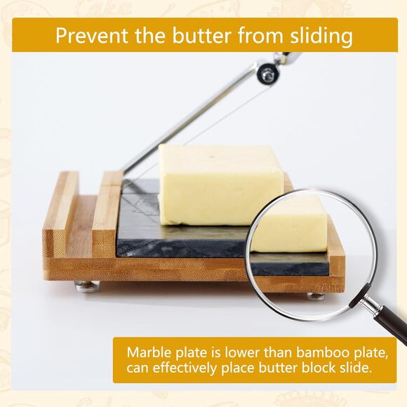 Bamboo & Marble Cheese Slicer w/ 4 Wires | Heavy Duty Butter Cutter Board Stand - Picture 7 of 9